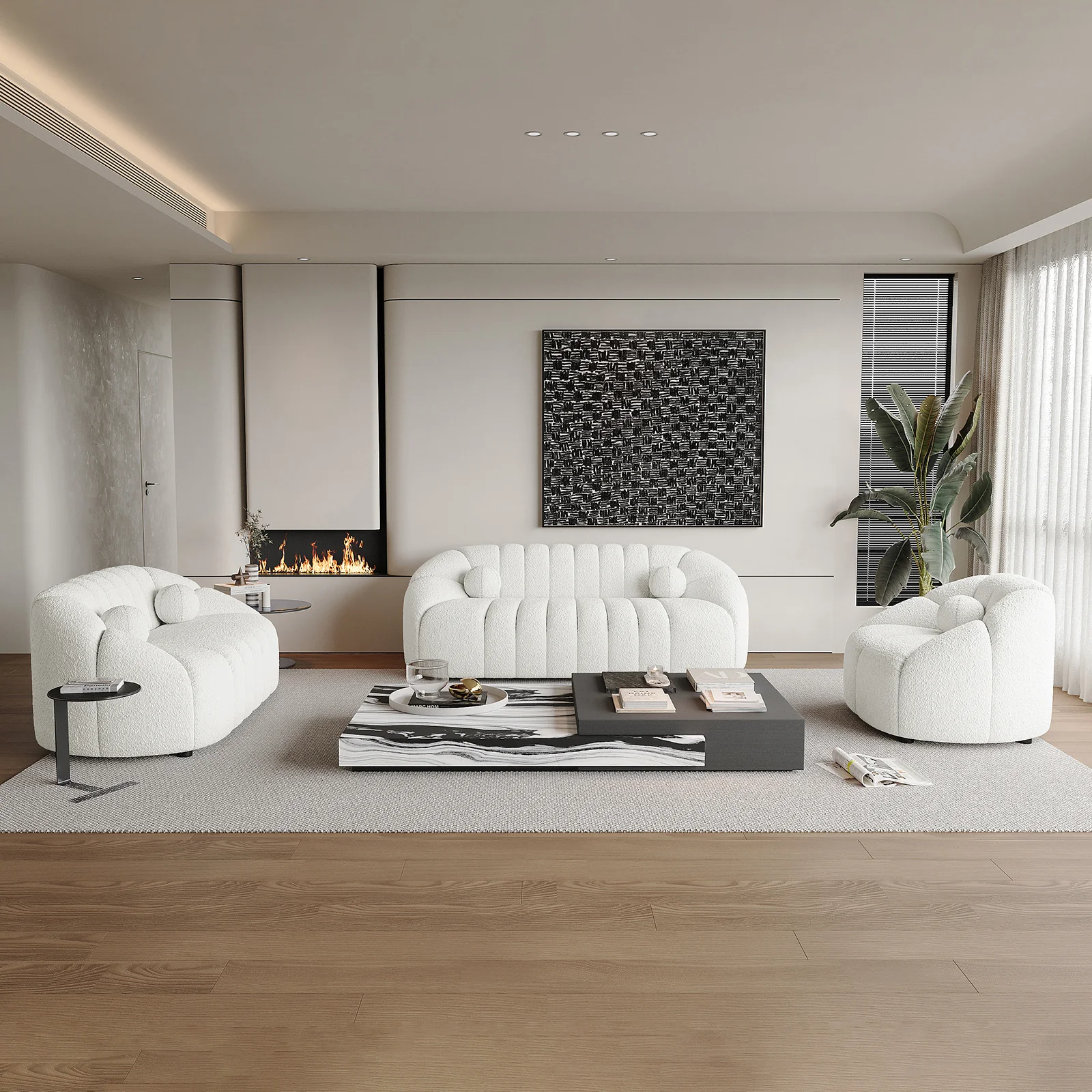 Trina 6 Seater Boucle Sofa Set with Pillows in Cream White - Image 2