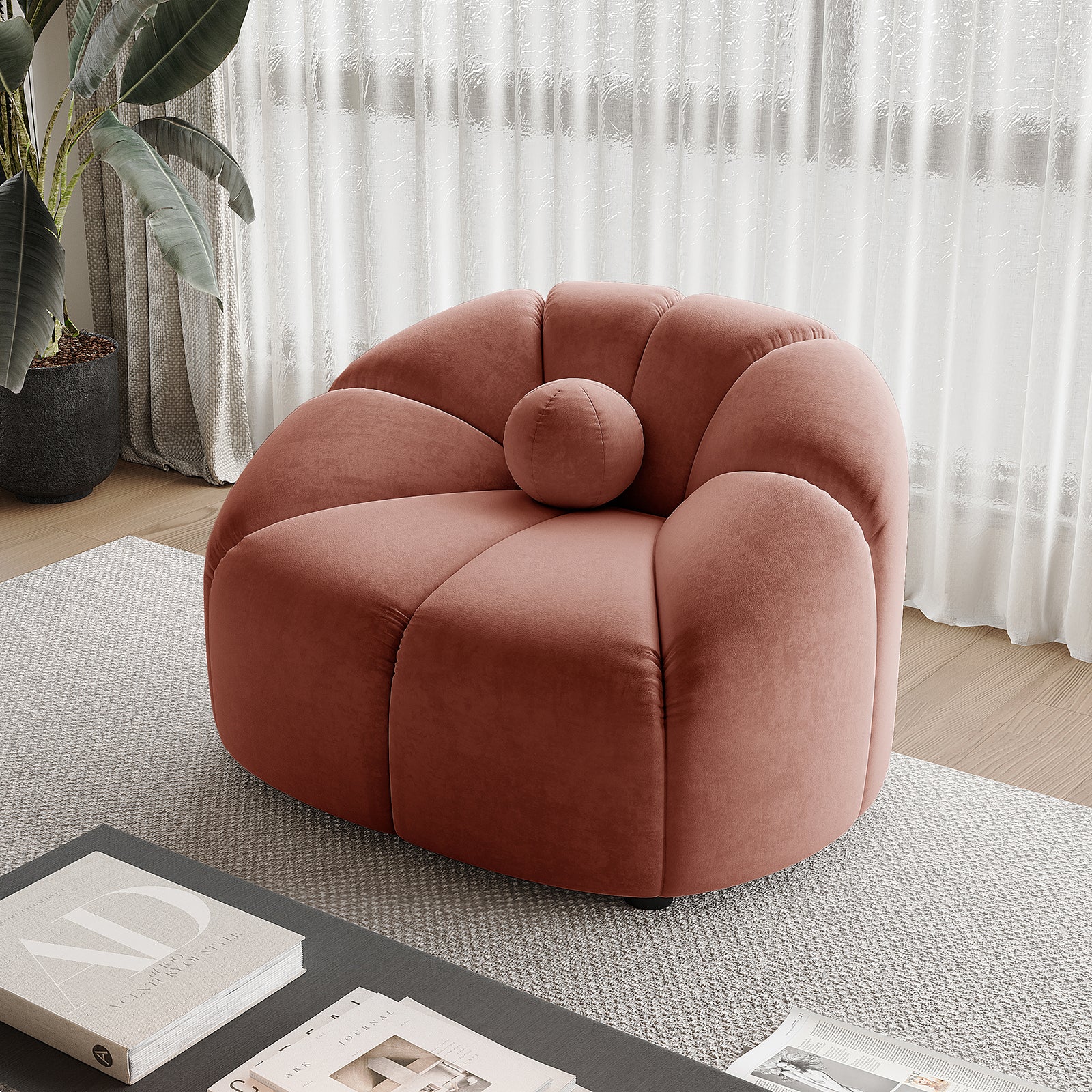 Trina Velvet Sofa Chair with Ball Pillow in Blush - Image 2
