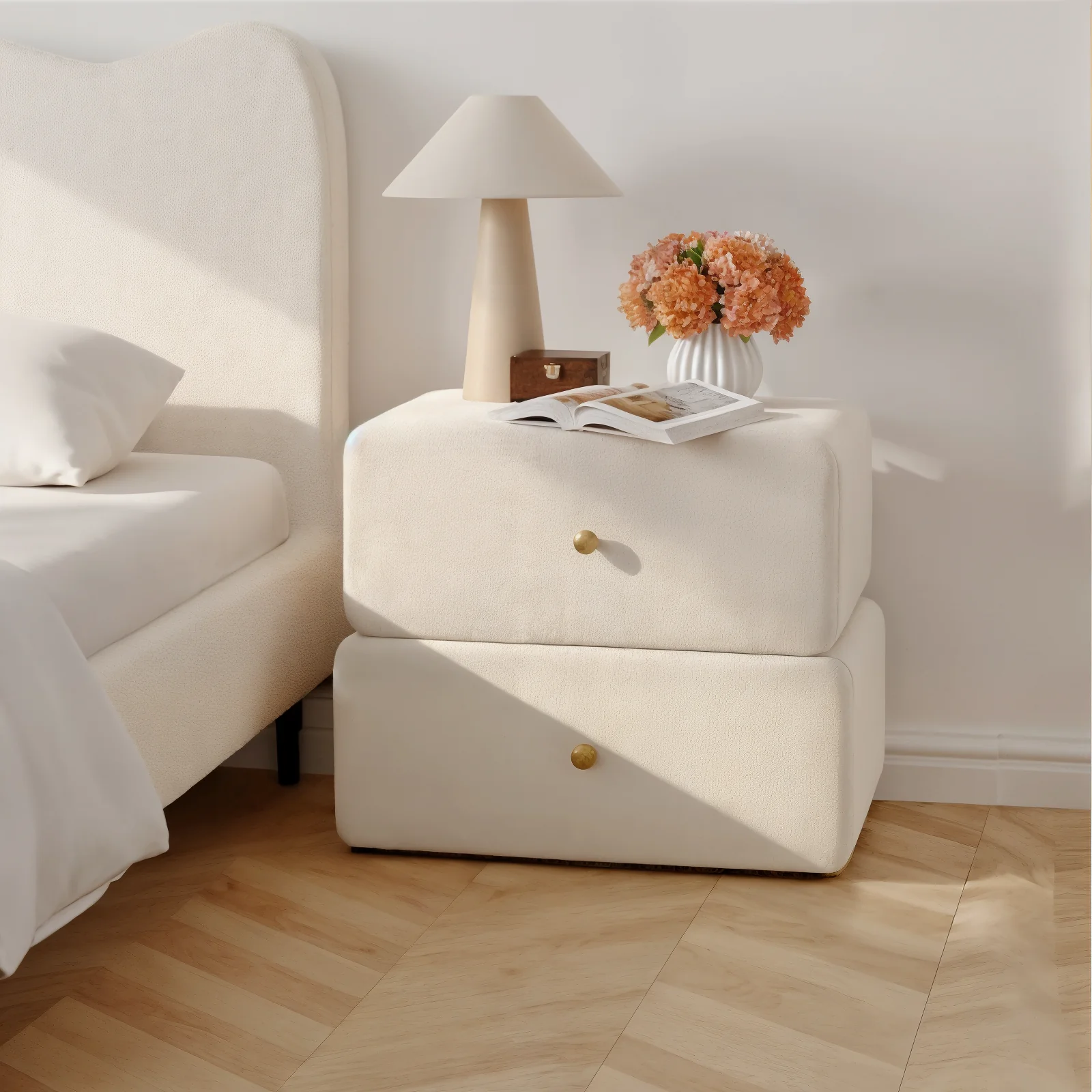 Tyla Velvet Bedside Table with Drawers in Beige - Image 2