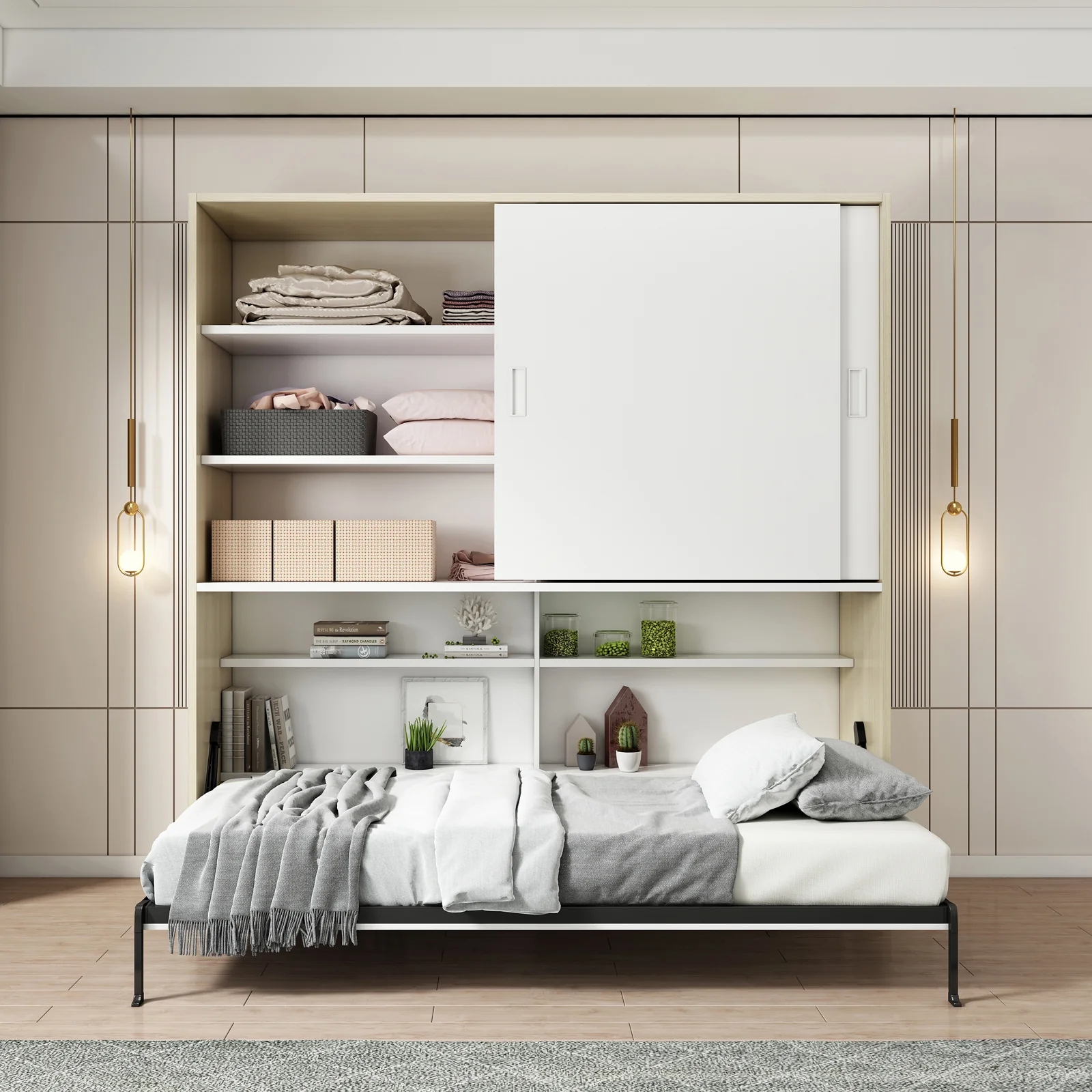 Veda Single Space Saving Wall Bed with Cabinet in White - Image 7