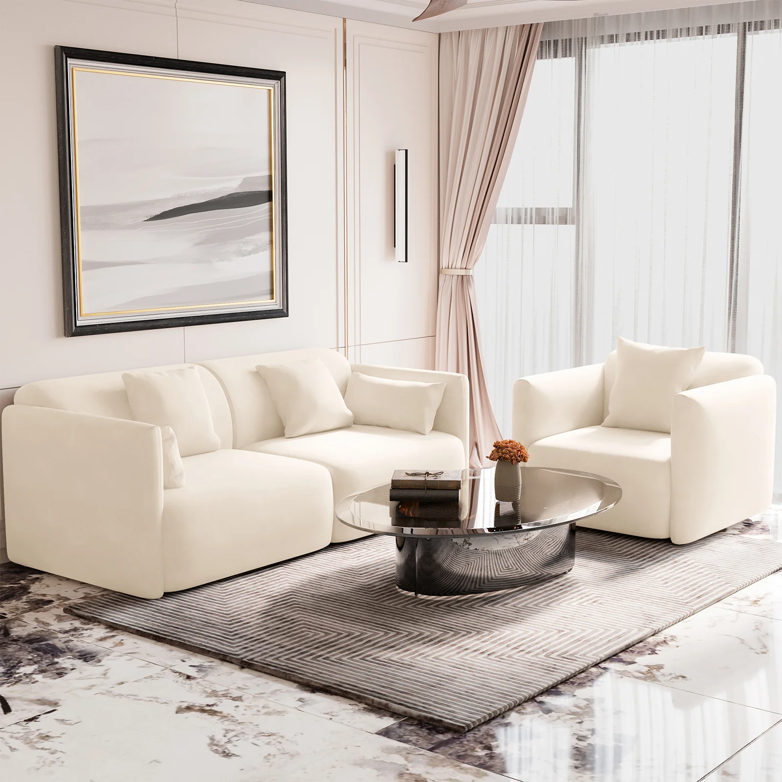 Vestalia 4 Seater Velvet Sofa Set in Cream White - Image 2