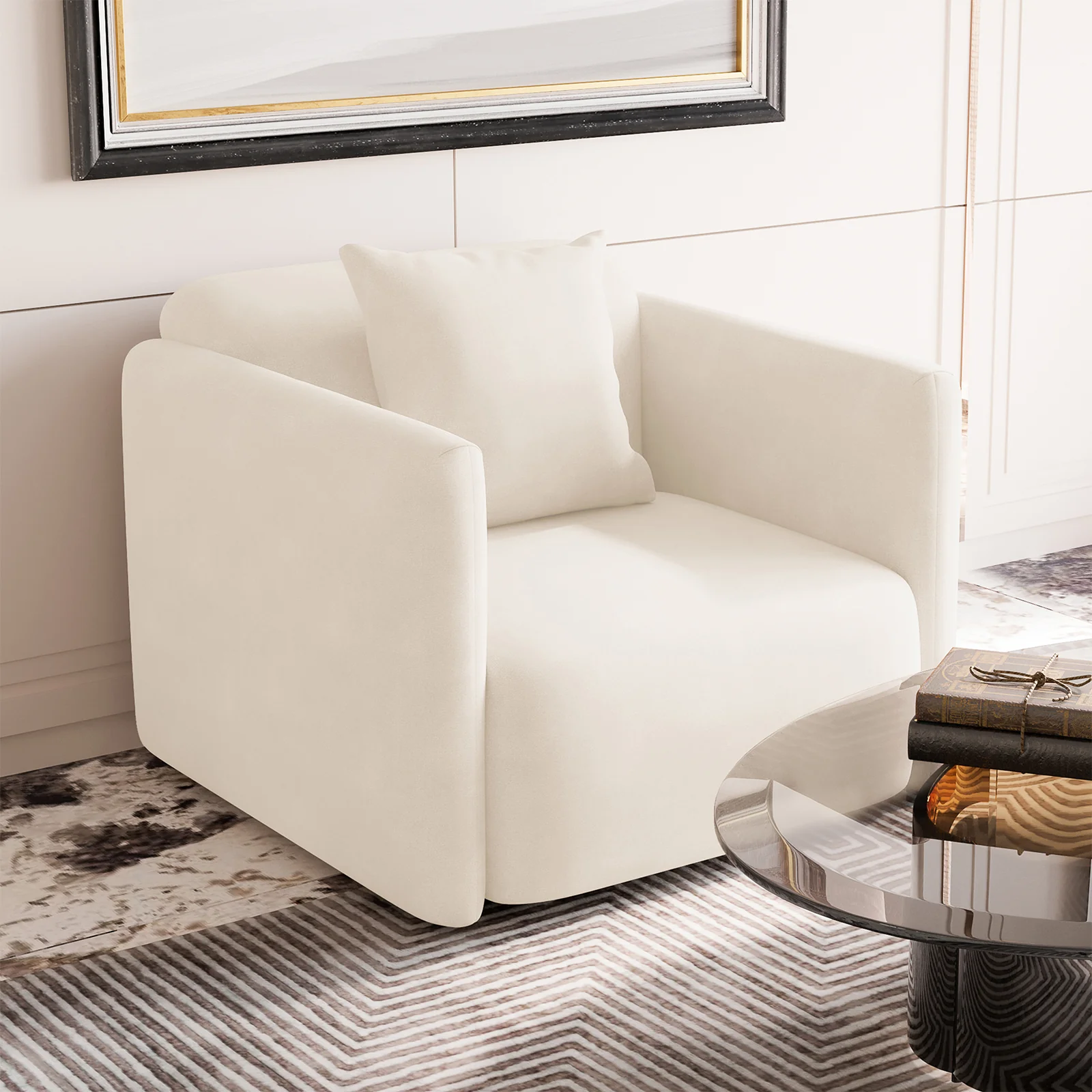 Vestalia Single Seater Velvet Sofa in Cream White - Image 2