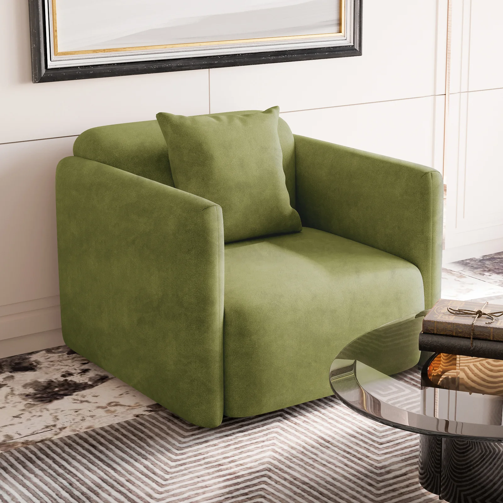 Vestalia Single Seater Velvet Sofa in Olive Green - Image 2