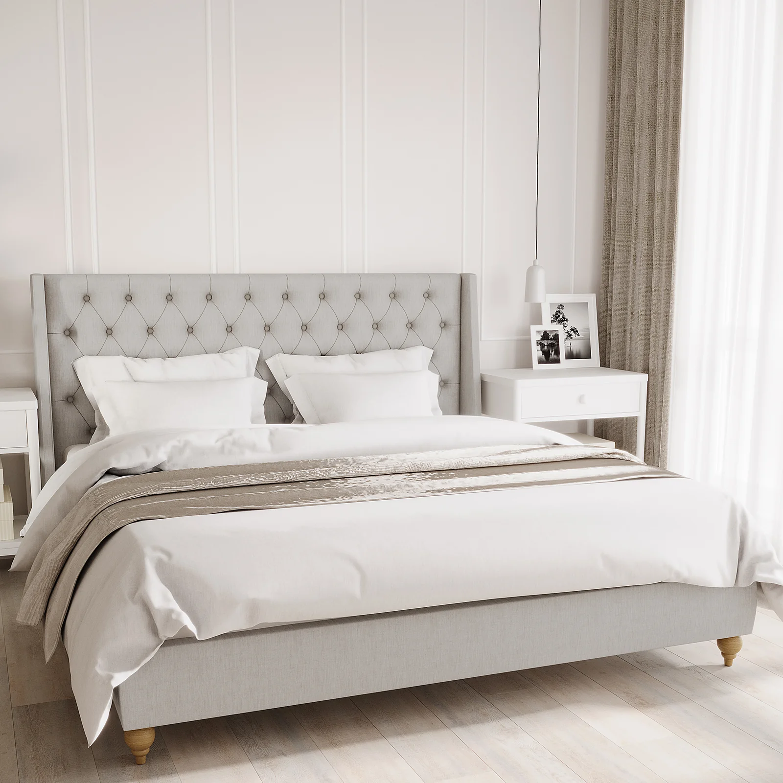 Vilania King Linen Fabric Bed Frame with Buttons in Grey - Image 2