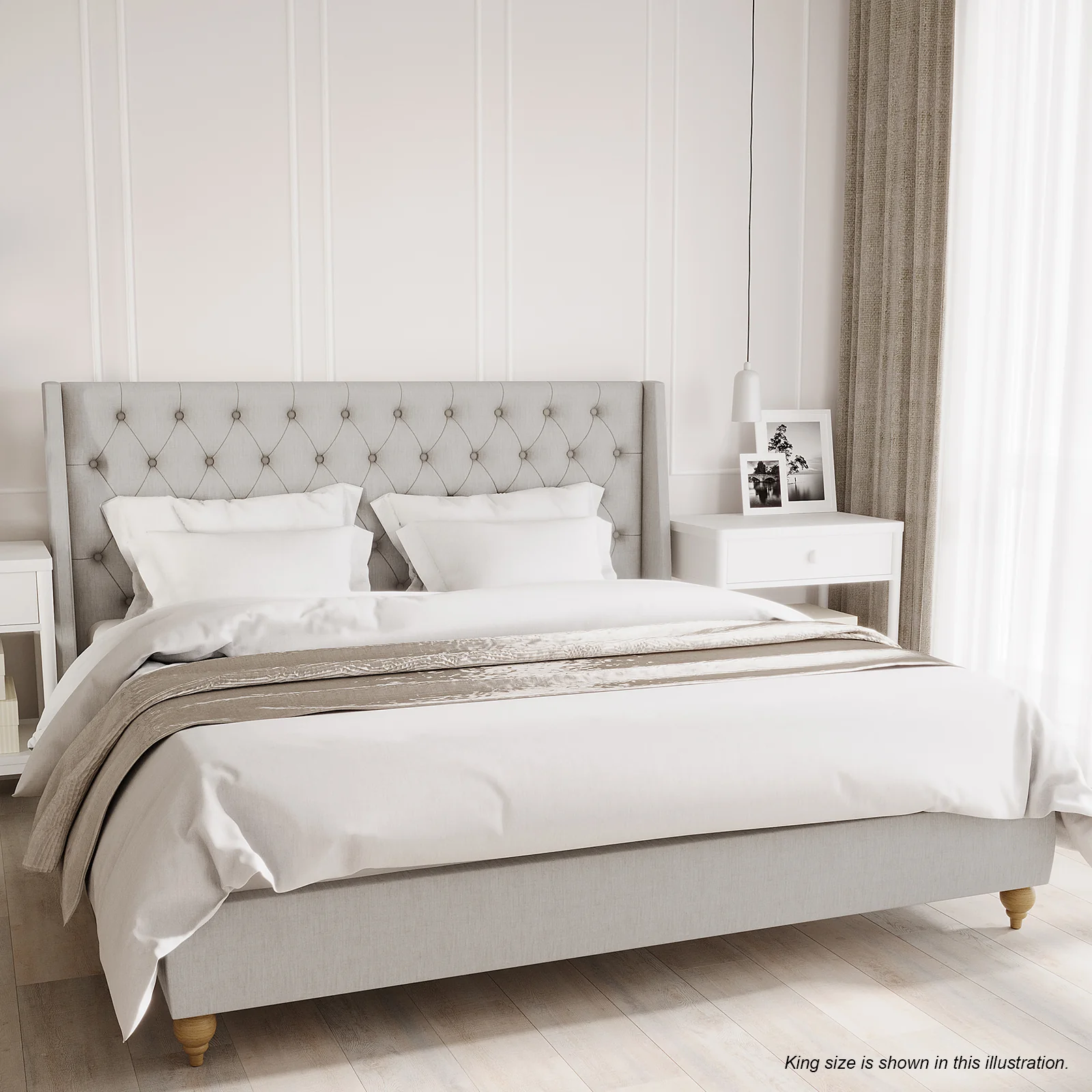 Vilania Super King Fabric Bed Frame with Buttons in Grey - Image 2