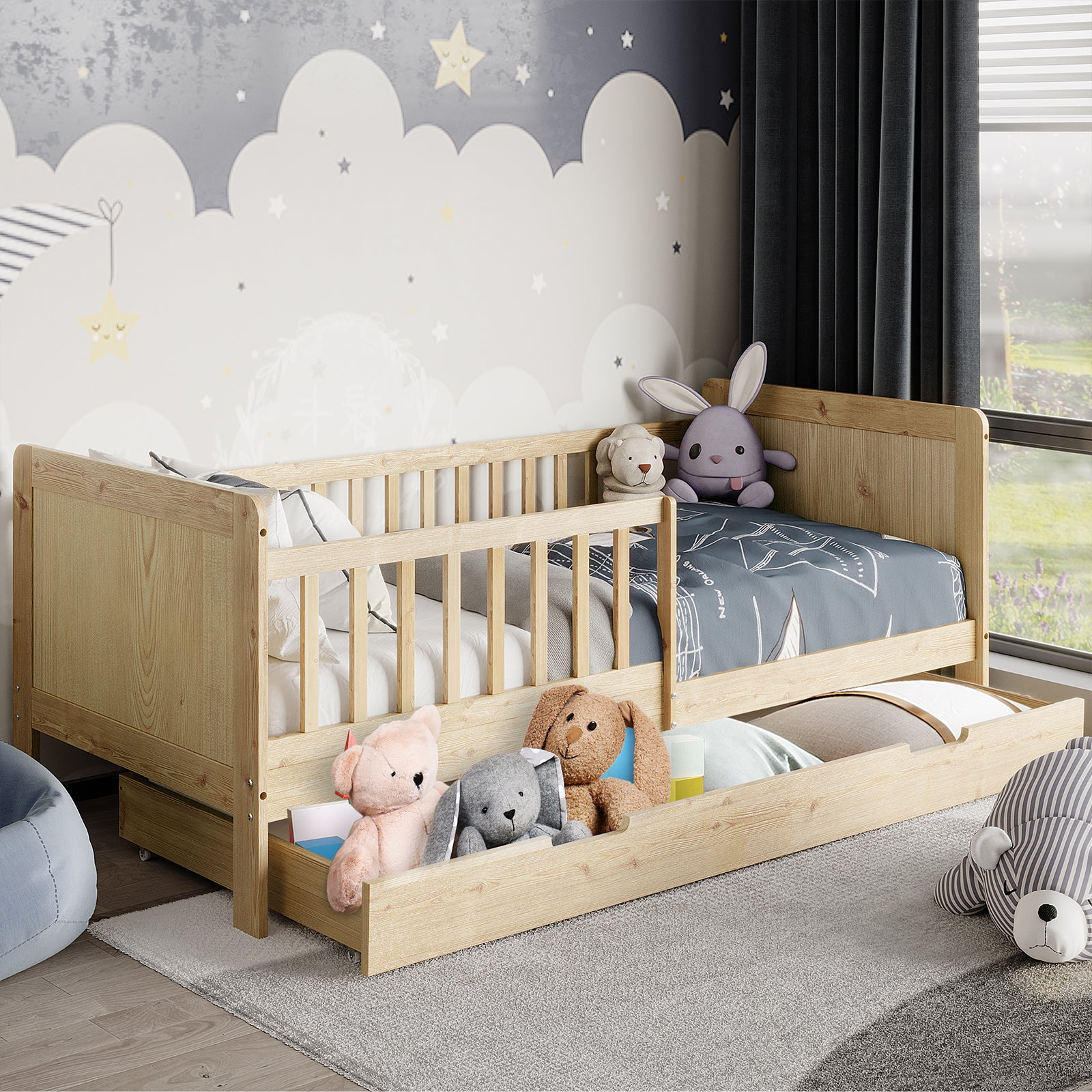 Zane Kids Single Solid Wood Bed Frame with Rail in Natural - Image 2
