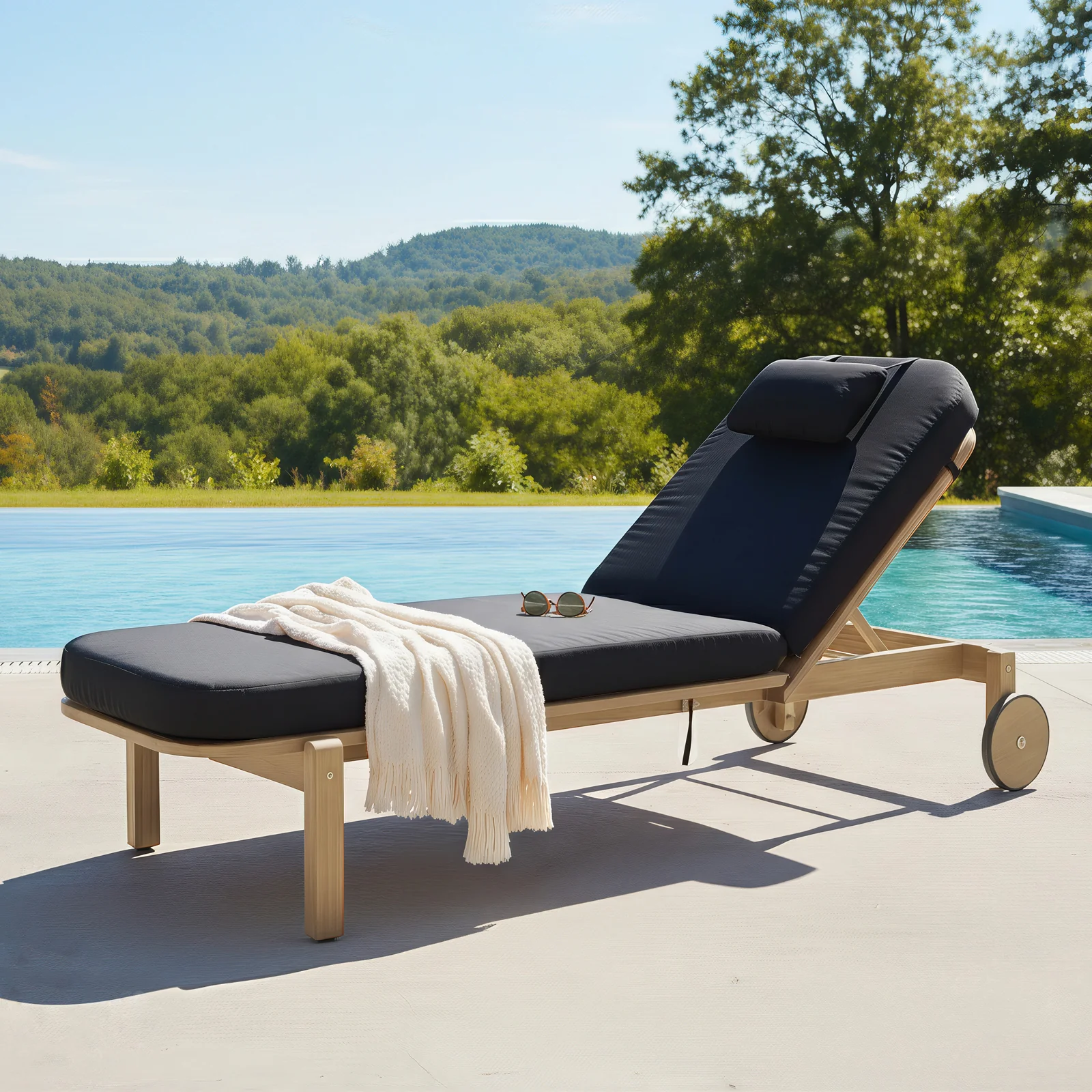 Zyra Hardwood Reclining Sun Lounger with Cushion in Black - Image 2