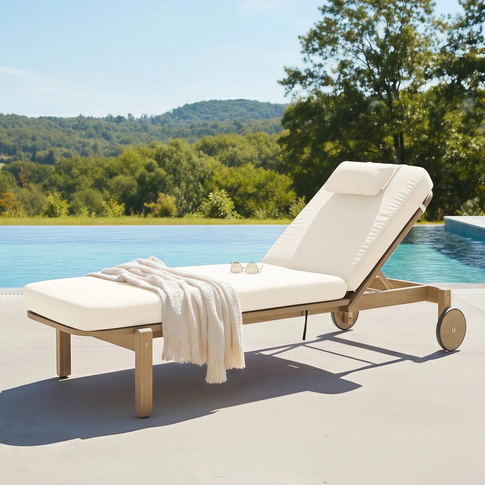 Zyra Hardwood Reclining Sun Lounger with Cushion in Cream - Image 2